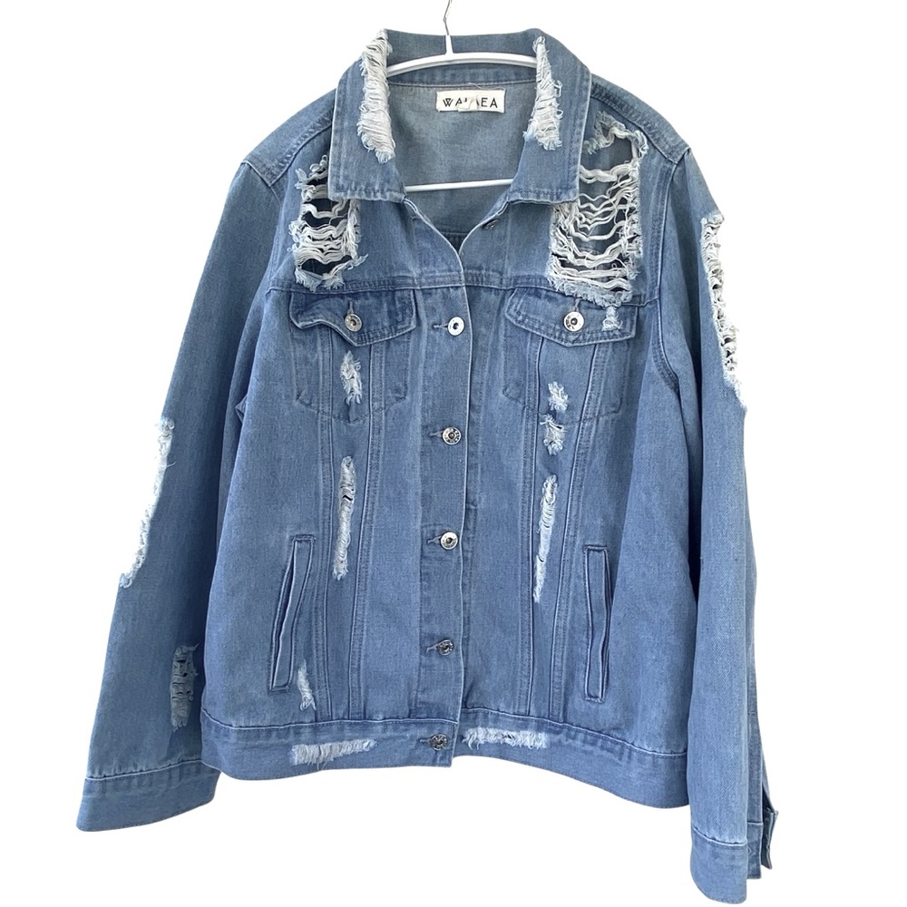 Distressed Jean Jacket Size Lg. Very Distressed light to Medium Blue